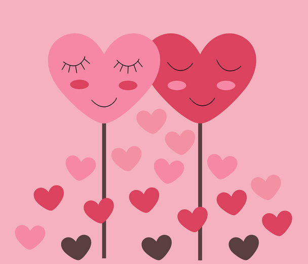 Love greeting card Happy Valentines Day. Two hearts on a stick with eyes and cheeks are shy and in love on a pink background. Vector. - Vector, Image