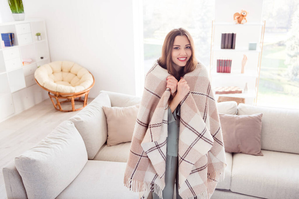 Photo of young attractive lovely girl happy positive smile cover herself plaid comfort warm standing home - Fotografie, Obrázek