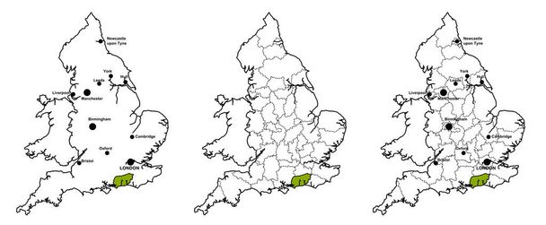 West Sussex gelegen op kaart van Engeland, met en zonder graafschapsgrenzen en grote steden - Foto, afbeelding