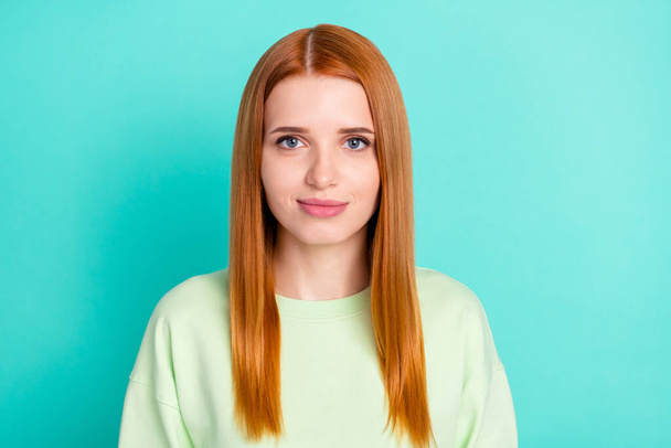 Photo of shiny adorable young woman wear green shirt smiling isolated teal color background - Фото, зображення