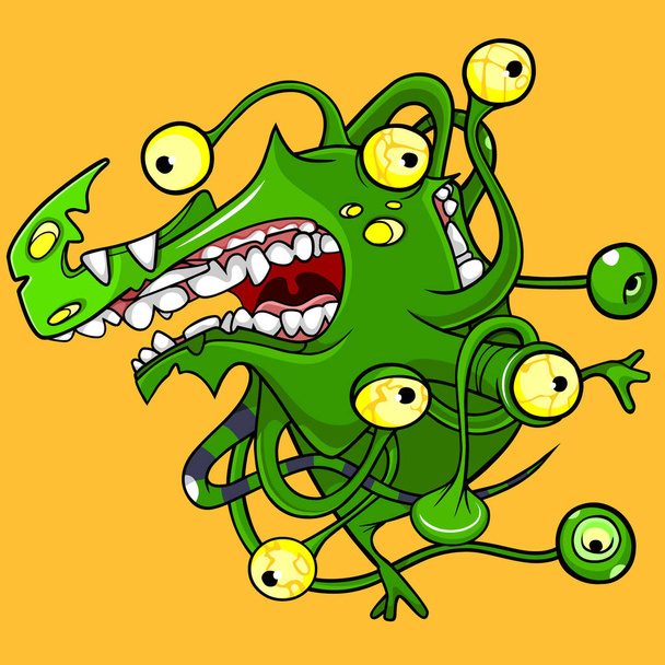 funny cartoon green intricately many eyed toothy monster - Vettoriali, immagini