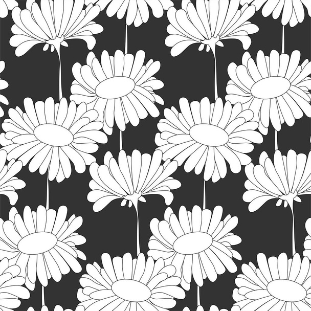 Daisies monochrome seamless pattern. White flower on black stock vector illustration for fabric print, for web, for print - Vector, imagen