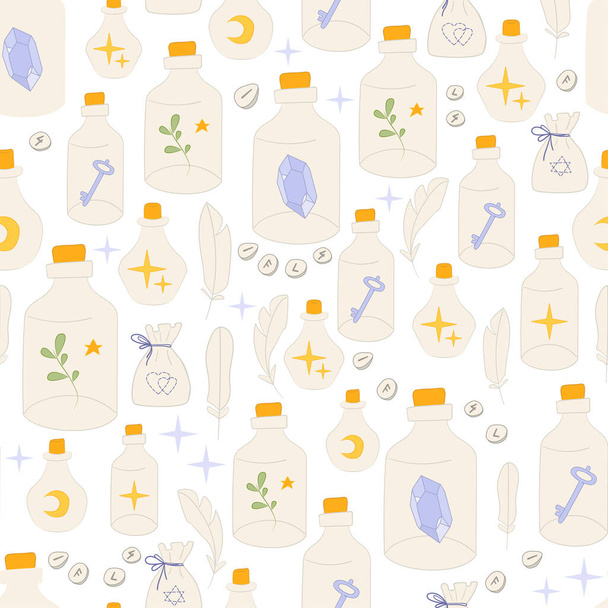 Boho bottle seamless pattern with tubes and crystals - Vector, imagen