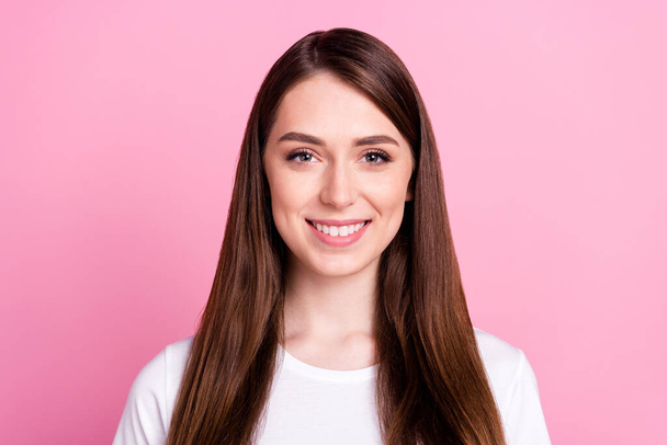 Photo of cheerful young charming woman smile good mood wear casual clothes isolated on pink color background - Фото, изображение