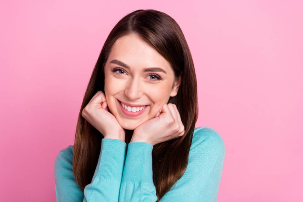 Portrait of nice-looking cheerful glad girl enjoying good mood rest isolated over pink pastel color background - Φωτογραφία, εικόνα