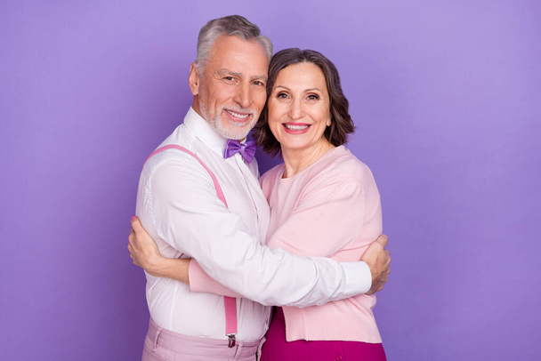 Photo of two peaceful idyllic people embrace feelings affection isolated on violet color background - Fotografie, Obrázek