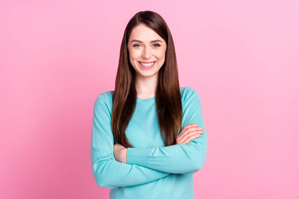Photo of happy confident young woman hold hands crossed good mood isolated on pink color background - Фото, зображення