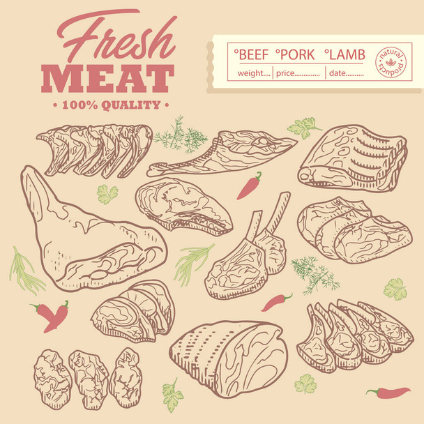 Meat products, Beef, pork, lamb. - Vettoriali, immagini