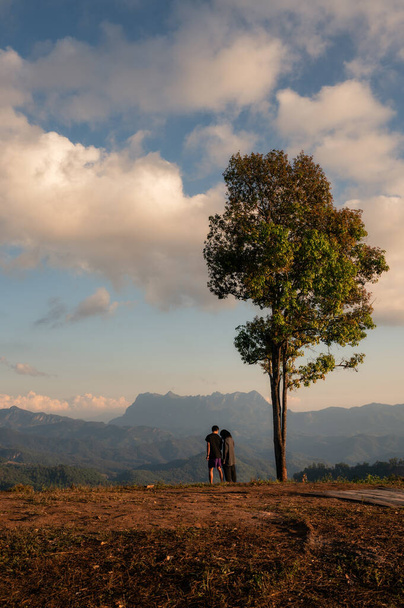 Jeune couple romantique debout sous un grand arbre avec sommet de montagne dans le parc national du point de vue dans la soirée. Concept d'été et vacances - Photo, image