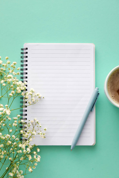 Blank notebook, pen and gypsophila flowers on color background - Photo, Image