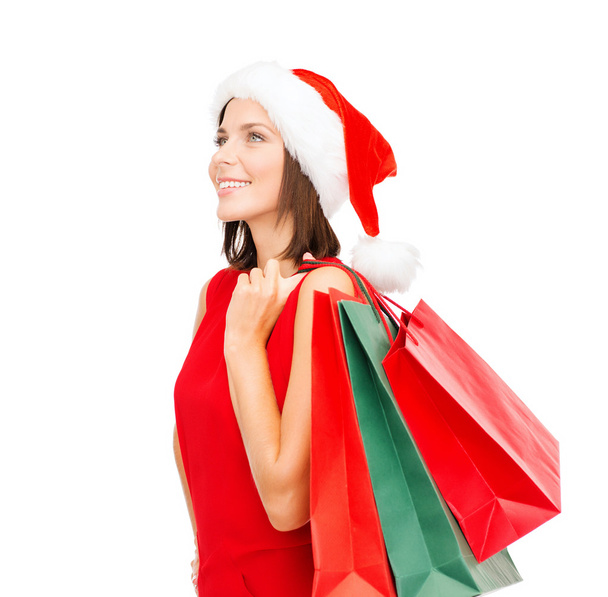 woman in red dress with shopping bags - Fotó, kép