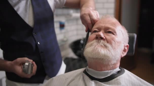 idős vonzó férfi ápolás és vágás a szakáll és stílus egy modern fodrászatban - Felvétel, videó