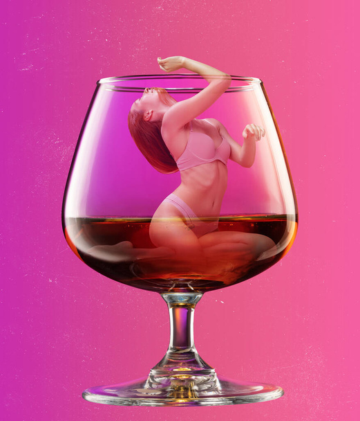 Young slim girl into cognac glass isolated on pink background. Contemporary art collage, modern design. Nightclub, party mood. Surrealism - Foto, Imagen