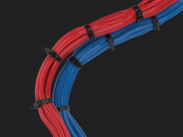 Cables rojos y azules agrupados y unidos con cremalleras - Foto, imagen
