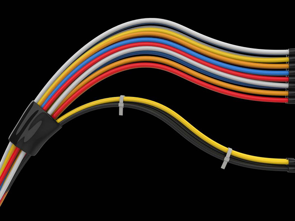 Cables coloridos conectados y unidos por envoltura de plástico negro y cremalleras blancas - Foto, imagen