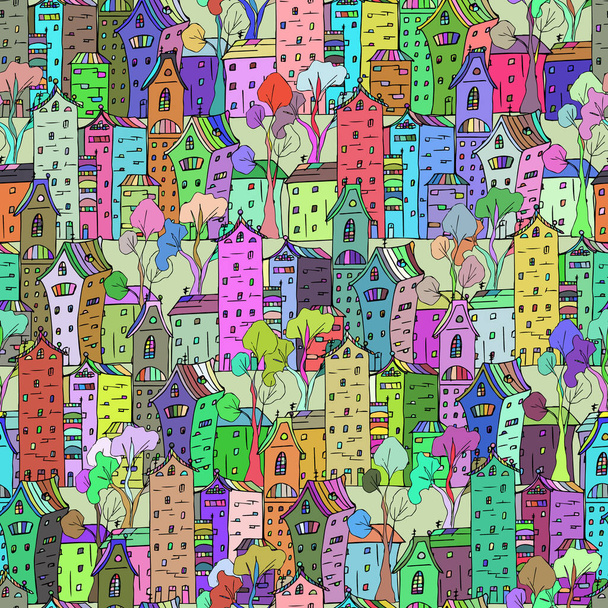 Bunte Häuser mit nahtlos handgezeichneten Kindermustern. Cartoon Stadt, Vektorillustration - Vektor, Bild