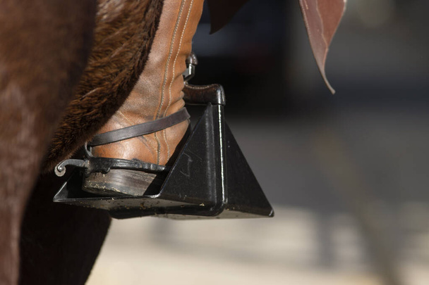 Detail of the spur, stirrup and boot of a Doma Vaquera rider in Spain - 写真・画像