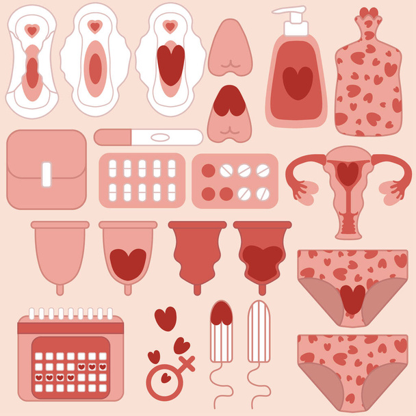 Vrouwelijke menstruatie Mega set.Pad, tampon, menstruatie cup, menstruatie afscheiding, pillen, warm water fles, intieme hygiëne product, menstruele kalender, zwangerschapstest, uterus.Vector illustratie - Vector, afbeelding