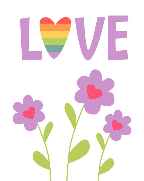 Cute card for Valentines Day, hand draw flowers with heart and lettering LOVE. - Vetor, Imagem