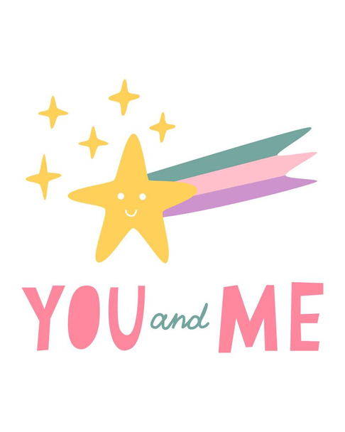 Cute card for Valentines Day, hand draw cute star and sparks, lettering YOU and ME. - Vetor, Imagem