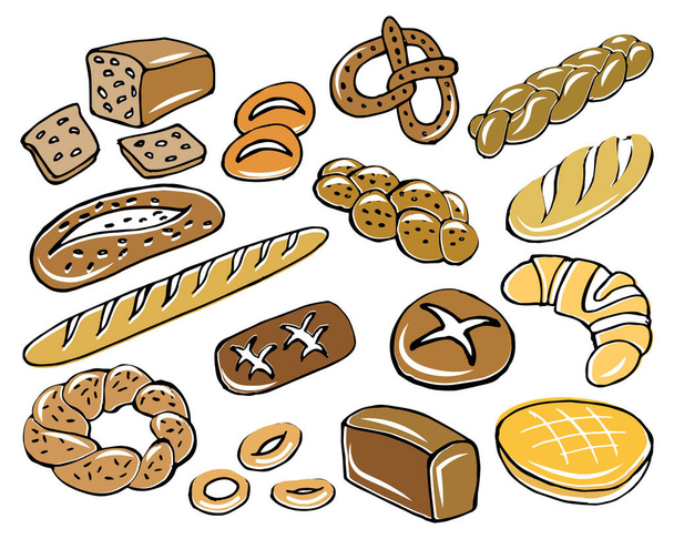 Set di icone sul tema della panetteria, pane disegnato a mano di vario tipo, baguette, bagel, pane intrecciato. Progettazione per pasticceria, panetteria, caffè - Vettoriali, immagini