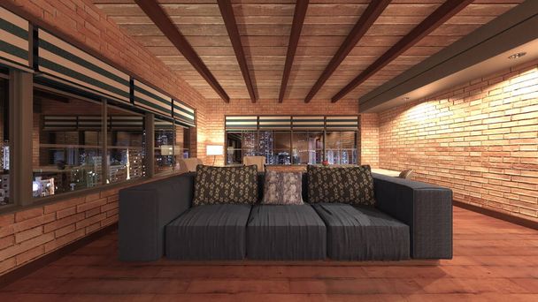 Representación 3D de la sala de estar con vista nocturna - Foto, imagen