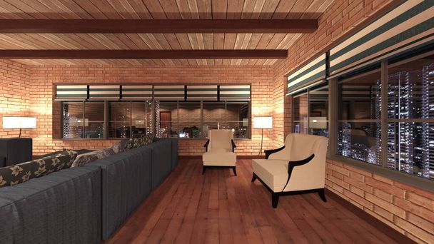 3D rendering of the living room with night view - Foto, imagen