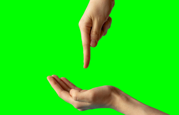 Um close-up da mão de uma mulher, palma para cima vista lateral, e uma segunda mão apontando um dedo na palma da mão. isolado em um fundo verde brilhante. - Foto, Imagem