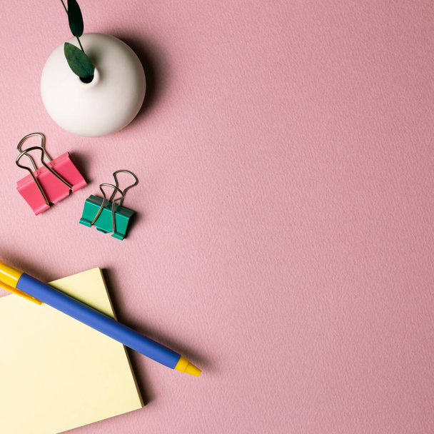 Memo pad, clip, pluma, jarrón de hoja verde sobre fondo rosa. espacio de trabajo. plano, vista superior, espacio para copiar - Foto, Imagen