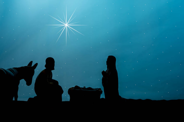 silueta jeslí s hvězdnou oblohou a betlémskou hvězdou - Fotografie, Obrázek