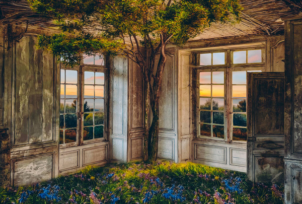 Terk edilmiş bir evde ağaç ve çiçekler yetişiyor. Üç boyutlu illüstrasyon. Yağlı boya resmin taklidi. - Fotoğraf, Görsel