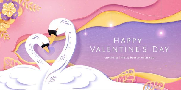 3d happy Valentine's Day paper art banner template. Two swans forming a heart shape with their necks. Romantic soulmate concept. - Vektör, Görsel