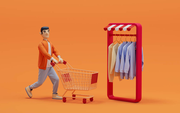 Мужчина покупает одежду онлайн, 3D рендеринг. Цифровой рисунок. - Фото, изображение