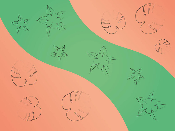Obrys květů a listů na broskvové a pistáciové barevné pozadí vektorové ilustrace - Vektor, obrázek