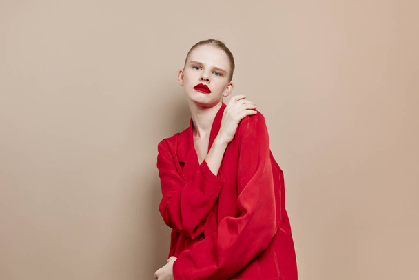 pretty woman red lips fashion jacket studio model unaltered - Fotó, kép