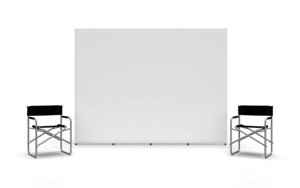 Exposición Wall Banner Paño Soporte de exhibición recto con una silla de directores a cada lado, renderizado 3D para maquetas e ilustraciones. - Foto, Imagen