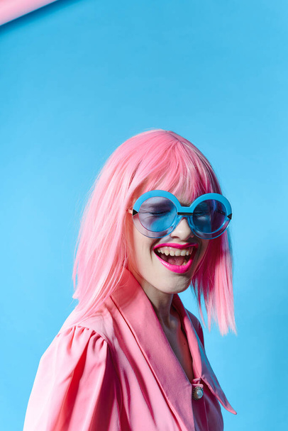 glamorous woman fashion blue glasses makeup fashion isolated background - Φωτογραφία, εικόνα