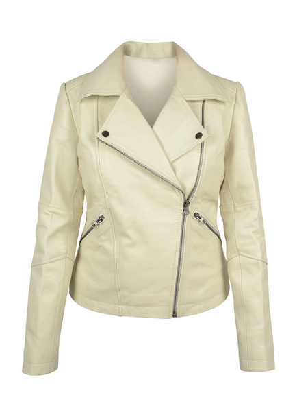Dámské kožené sako v béžové barvě izolované na bílém pozadí, Dámské biker bunda přední pohled, - Fotografie, Obrázek