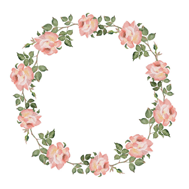 watercolor blooming rose branch flower bouquet wreath frame clipart - Вектор,изображение