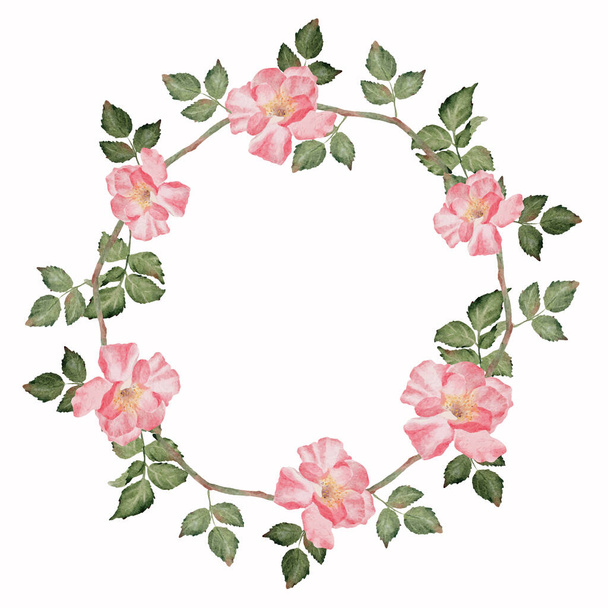 watercolor blooming pink rose branch flower bouquet wreath frame clipart digital painting - ベクター画像