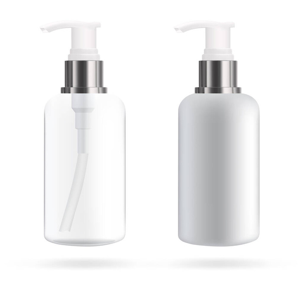 Καλλυντικό μπουκάλι με δοχείο για σαπούνι και καλλυντικά. Mockup της συσκευασίας για υγρά. Εικονογράφηση διάνυσμα 3d - Διάνυσμα, εικόνα