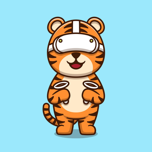 Cute tiger using virtual reality headset cartoon icon illustration. Animal technology mascot character concept isolated vector. Flat cartoon style - Vektor, obrázek