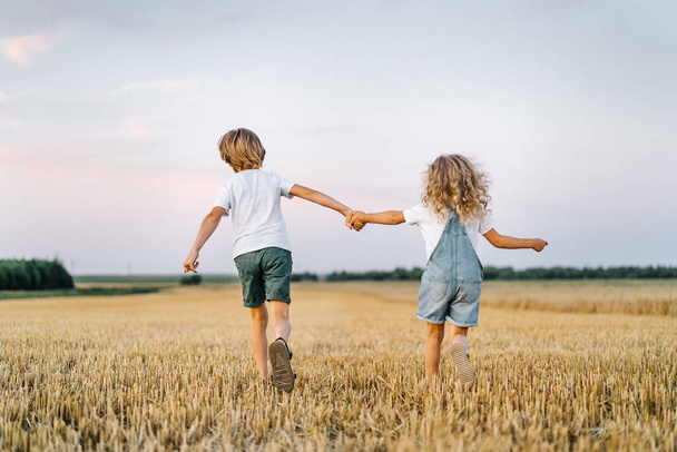 Щасливі і вільні люди, діти пробігають крізь квітуче поле пшениці, люди ззаду
 - Фото, зображення