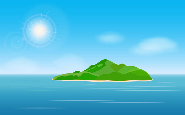 Green isolated island in the ocean on a summer sunny day, white clouds in the sky.Tourism, sports recreation, diving. - Vector, imagen