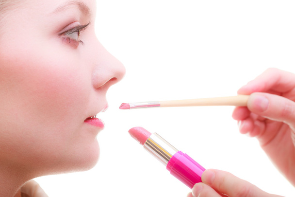 Woman applying red lipstick - Zdjęcie, obraz