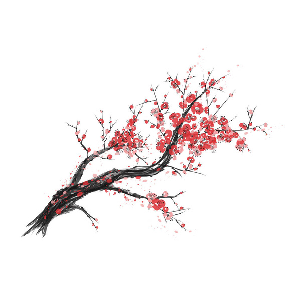 Realistic sakura blossom - Japanese cherry tree isolated on white background. Artistic branch sakura blossom. Vector illustration - Вектор, зображення