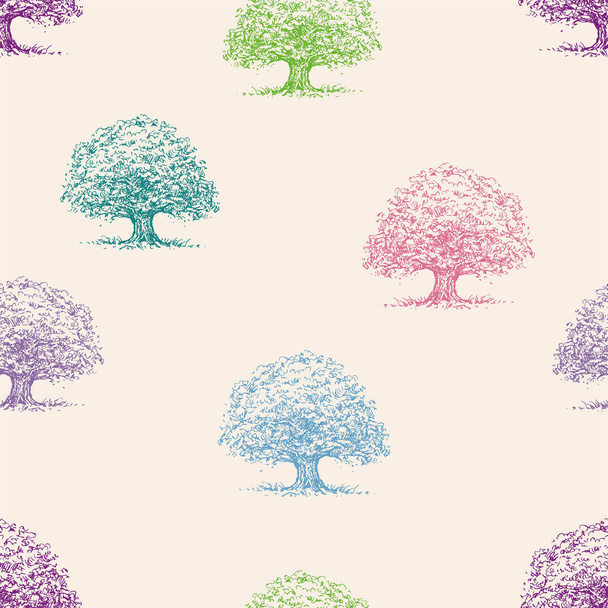Seamless background of colorful sketches abstract oak trees  - Vecteur, image