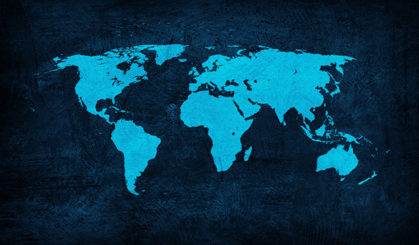 Mapa del mundo sobre fondo de yeso de cemento grunge azul - Foto, imagen