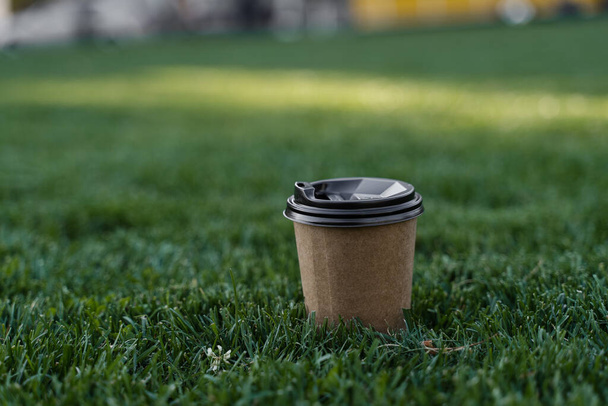Disposable coffee cup on the grass in the park. - Foto, Imagem