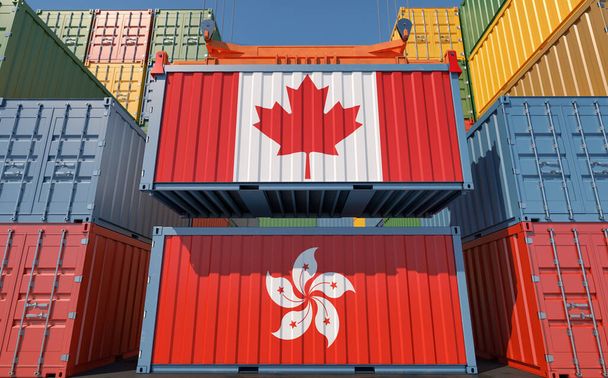 Freight containers with Hong Kong and Canada national flags. 3D Rendering  - Zdjęcie, obraz
